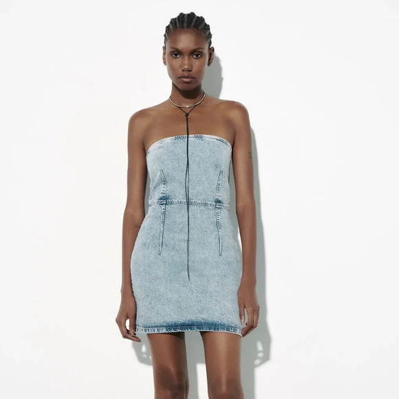 Zara Denim Strapless 1975 Mini Dress Light Washed Blue NWT Size Small - Picture 3 of 9